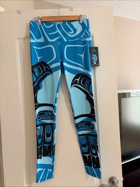 Native American, Ladies High-Rise Turquoise Blue Printed Leggings Large NEW